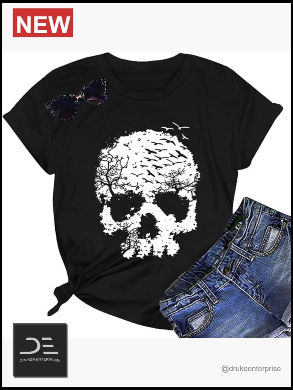 Women's Funny Gothic Skull Graphic T-Shirt Novelty Horror Tee Casual Athletic